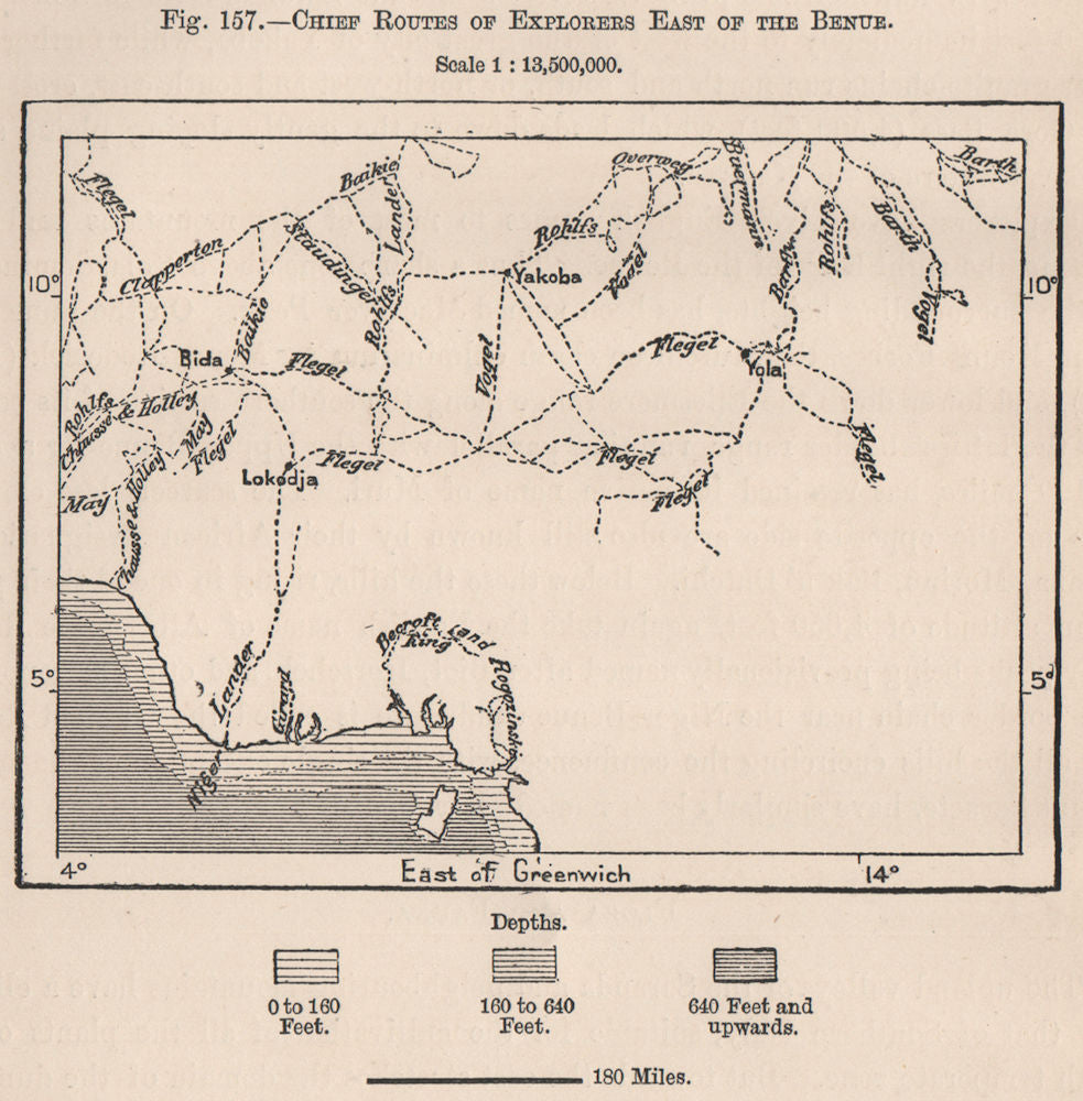 Chief routes of explorers East of the Benue. Nigeria 1885 old antique map